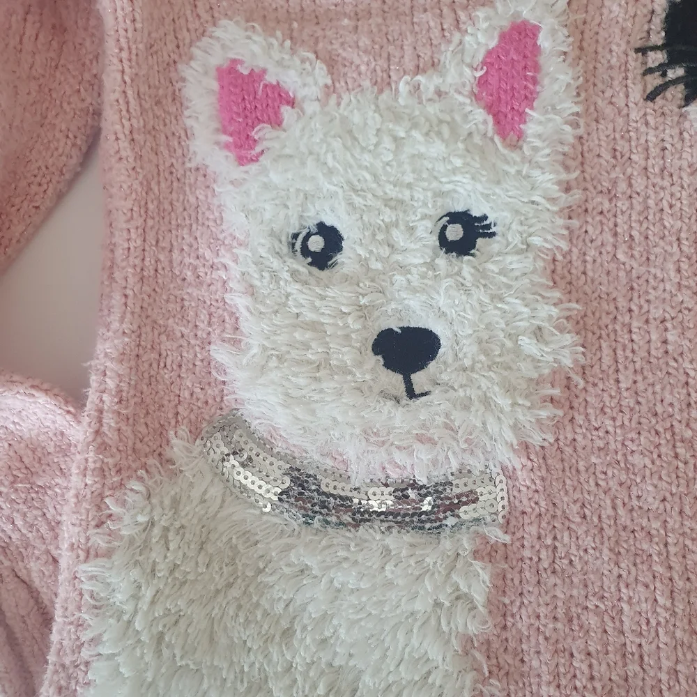 Justice Girl's Besties Dog & Cat Knit Pink Pullover Sweater Sz 6.